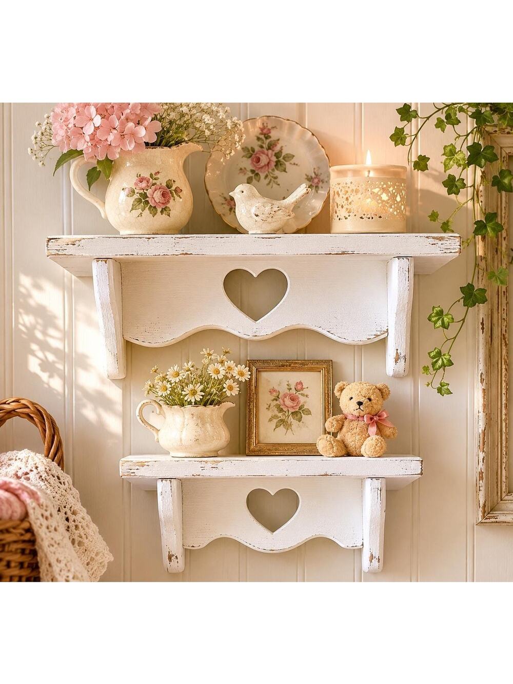 Vintage Heart Wall Shelves Set of 2 | Distressed White Wood Cottagecore Decor
